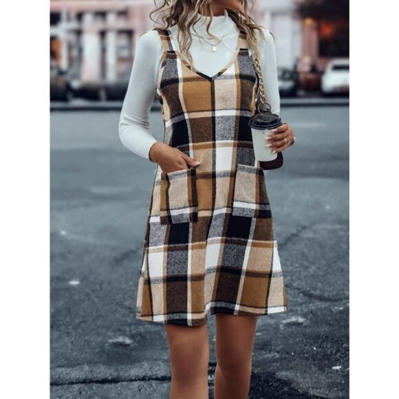 Women's tan black Plaid Print Overall Dress Without Sweater preppy - Picture 1 of 4